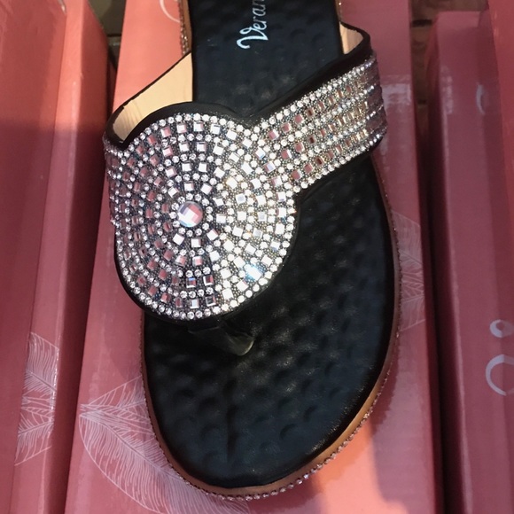 2 Left! Verano Black Rhinestone Flatform Sandal - Picture 4 of 5